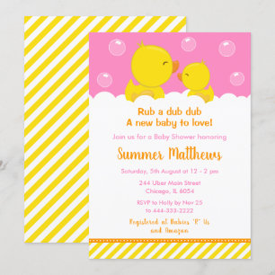 Invitation Caoutchouc Baby shower jaune et rose