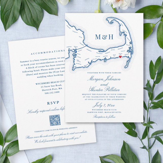 Invitation Cape Cod All-in-One QR code RSVP Mariage (These double sided all in one Cape Cod wedding invitations include the RSVP info on the back)