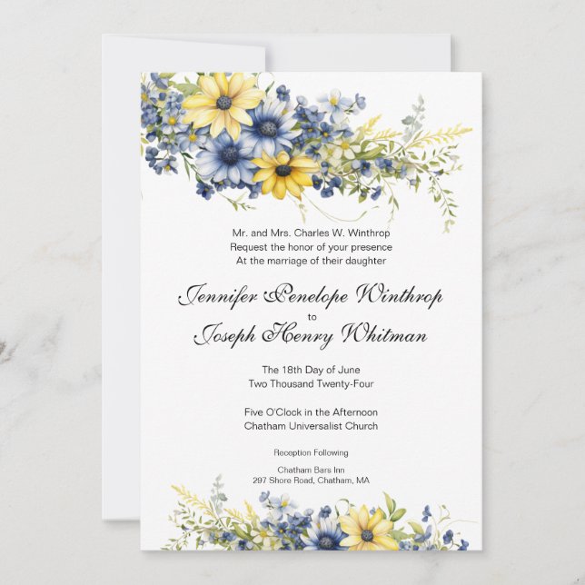 Invitation Cape Cod Été Bleu Jaune Jardin Mariage (Devant)