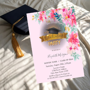 Invitation Cape de remise de diplôme noire, Fleurs de printem