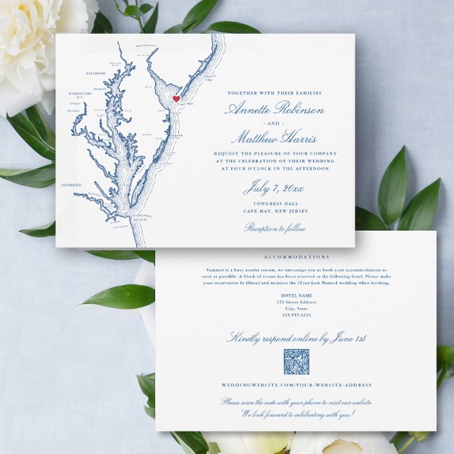 Invitation Cape May NJ all-in-one QR code RSVP Mariage (Cape May NJ All-in-One QR code Wedding invitation in elegant navy blue from Coastal Map Designs)