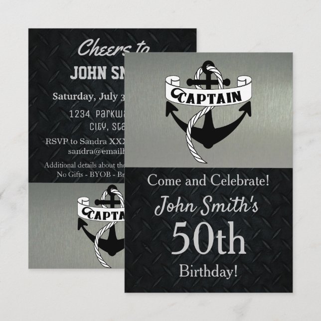Invitation Capitaine Ancre de la navigation Anniversaire Silv (Devant / Derrière)