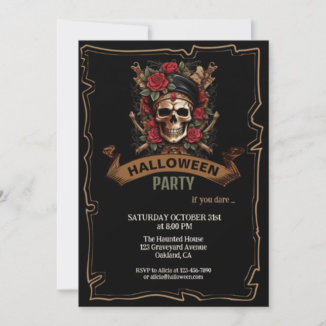 Invitation Capitaine Crâne Fleurs Nautiques Halloween (Devant)