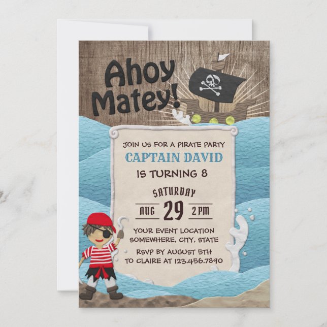 Invitation Capitaine pirate Ahoy Boy 8e fête d'anniversaire (Devant)