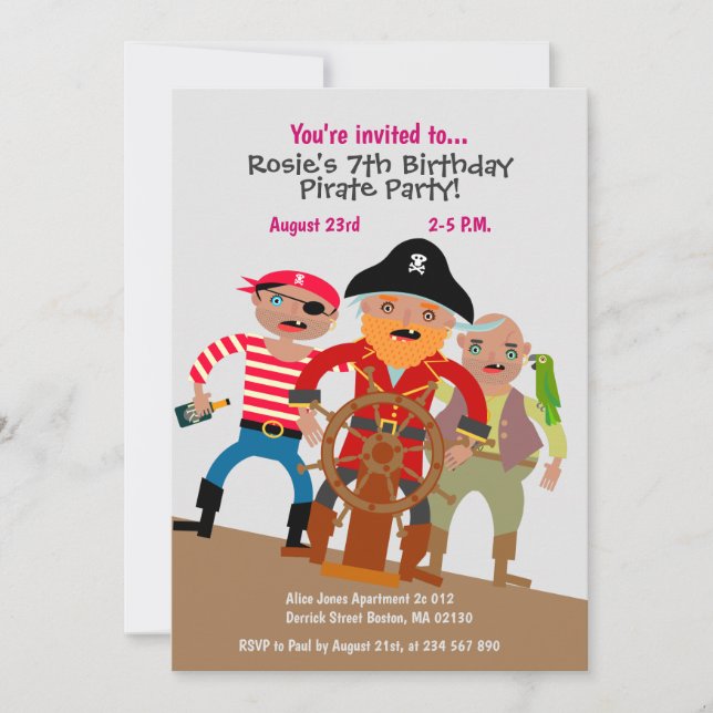 Invitation Capitaine Pirate avec des copains sur le pont fête (Devant)
