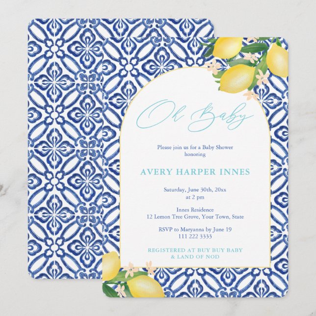 Invitation Capri Lemons Turquoise Oh Baby Theme Baby shower (Devant / Derrière)