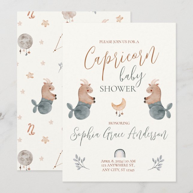 Invitation Capricorn Panneau Zodiac baby shower (Devant / Derrière)
