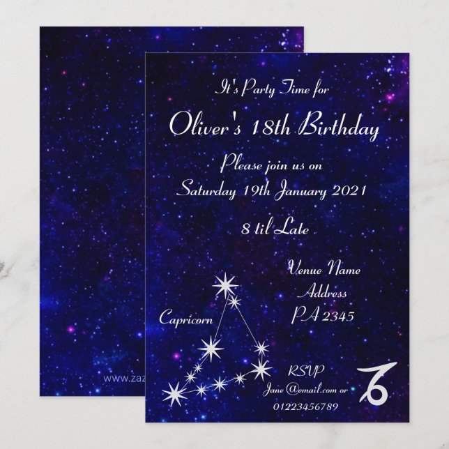 Invitation Capricorne Personnalisée Zodiac Galaxy Party (Devant / Derrière)
