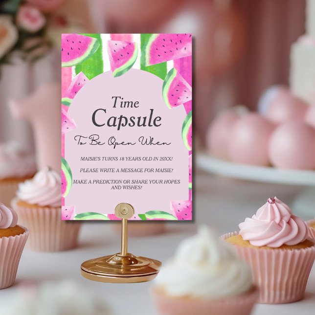 Invitation Capsule Temporelle d'Anniversaire Panneau Pastèque (Birthday Time Capsule Pink Watermelon Sign)