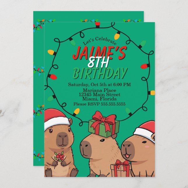 Invitation Capybara Christmas Lights Birthday Party  (Devant / Derrière)