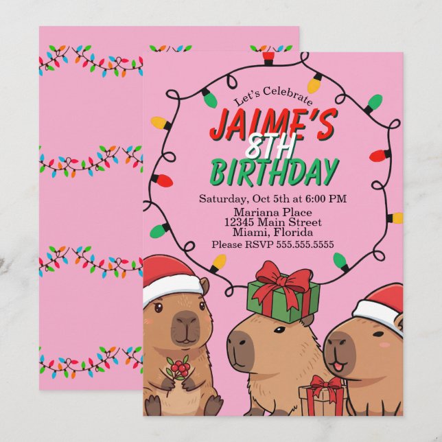 Invitation Capybara Christmas Lights Birthday Party  (Devant / Derrière)