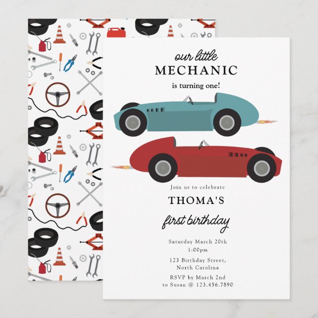 Invitation Car Mechanic Automotive Tools Boy First Birthday (Devant / Derrière)