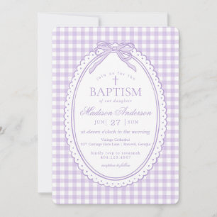 Invitation Caraco en vichy violet noeud papillon baptême