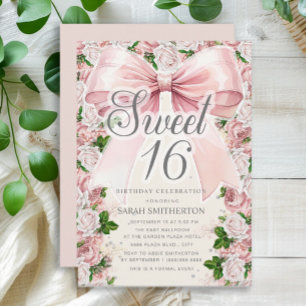 Invitation Caracoquet à ruban rose floral vintage Sweet 16
