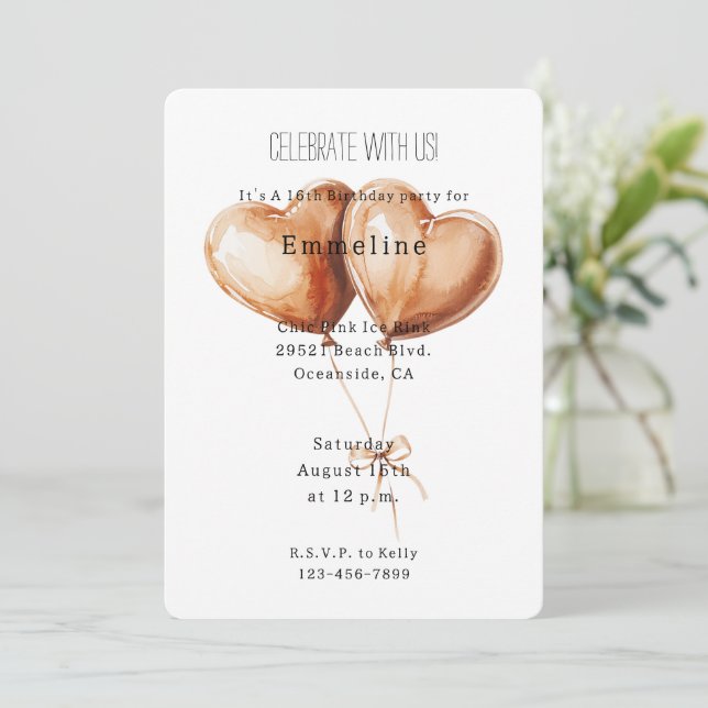 Invitation Caramel Heart Balloons Birthday (Debout devant)