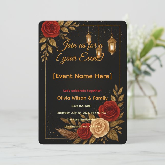 Invitation Card Modèle Luxe Black Gold Floral (Debout devant)
