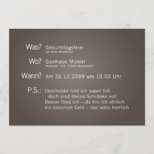 Invitation card with "What? When? Where? P.S.:’ te