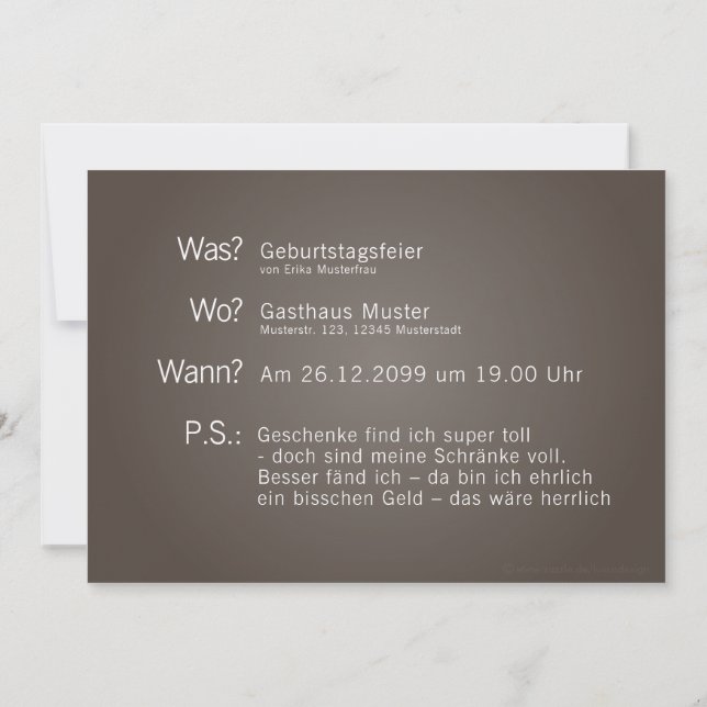 Invitation card with "What? When? Where? P.S.:’ te (Back)