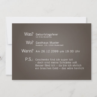 Invitation card with "What? When? Where? P.S.:" te