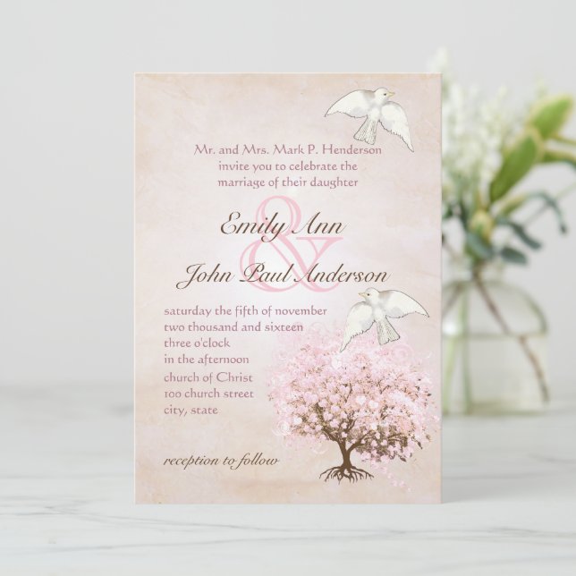 Invitation Cardiaque Pink et Inséparable Brown Tree Dove (Debout devant)