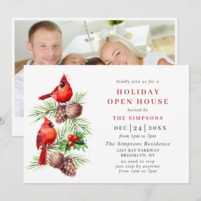 Invitation Cardinal Holly Berry Maison ouverte de Noël (Devant / Derrière)