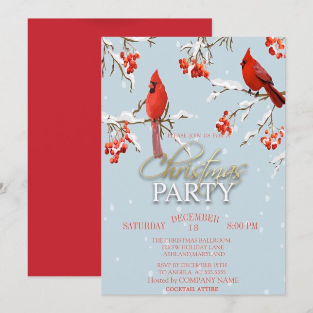 Invitation Cardinal Rouge Branches Arbre Noël (Devant / Derrière)