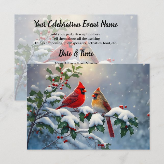 Invitation Cardinaux rouges et Holly en neige (Devant / Derrière)
