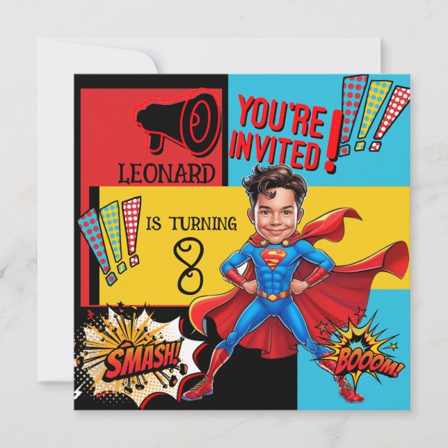 Invitation Caricature comique Superhero (Devant)