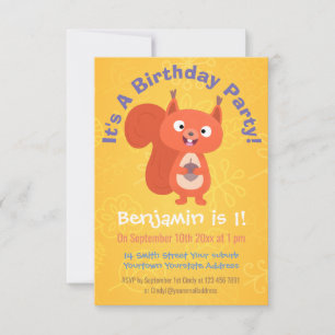 Invitation Caricature d'anniversaire d'écureuil rouge mignon