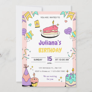 Invitation Caricature d'anniversaire violet rose jaune illust