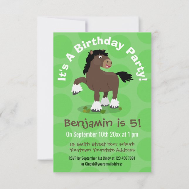 Invitation Caricature de cheval de trait de Cute Clydesdale (Devant)