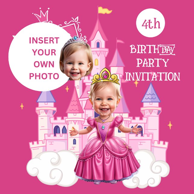 Invitation Caricature de la princesse 4e anniversaire rose ch (Créateur téléchargé)