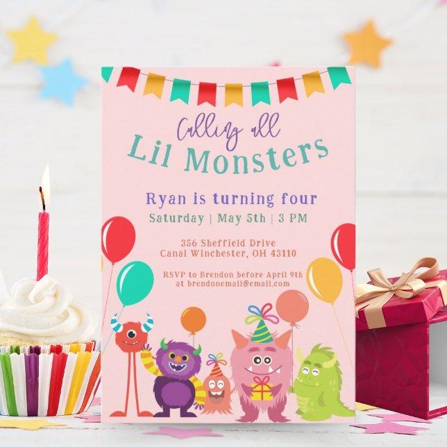 Invitation Caricature de Monster Cute lil fête d'anniversaire (Créateur téléchargé)