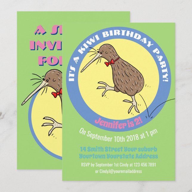 Invitation Caricature de saut de kiwi mignon (Devant / Derrière)