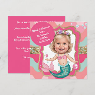 Invitation Caricature de sirène rose et Turquoise du 4e anniv