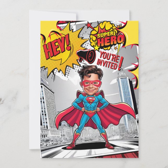 Invitation Caricature de super-héros jaune et rouge personnal (Devant)