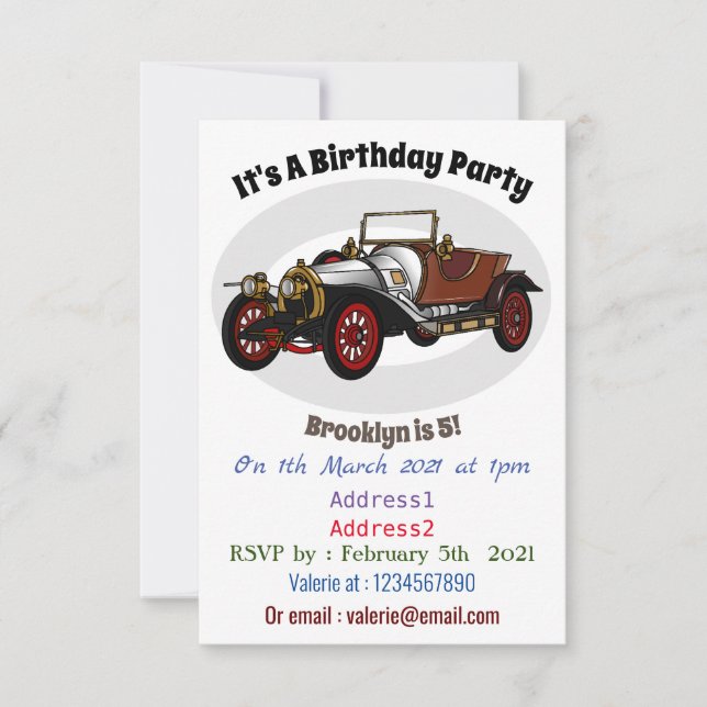 Invitation Caricature de voiture classique 1920 (Devant)