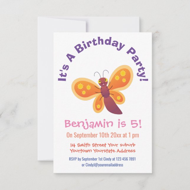 Invitation Caricature joli papillon orange (Devant)
