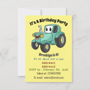 Invitation Caricature joli tracteur vert joyeux