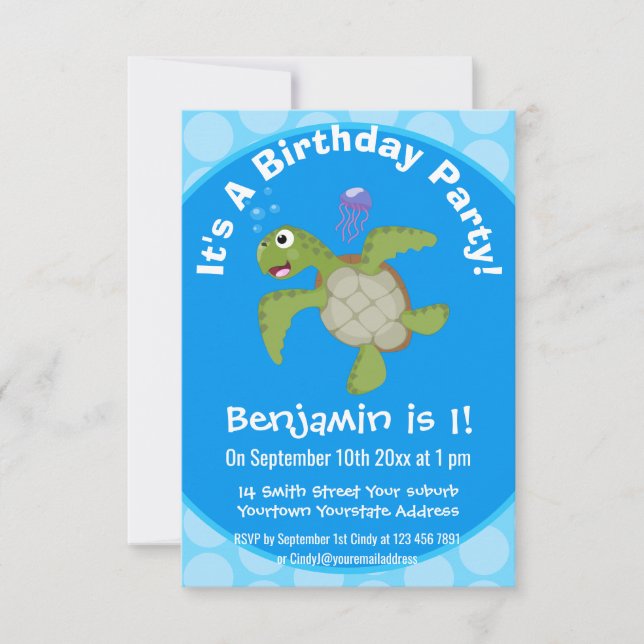 Invitation Caricature joyeuse de tortue de mer verte mignonne (Devant)