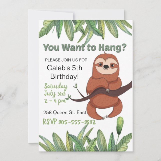 Invitation Caricature mignonne pendue Sloth Birthday (Devant)