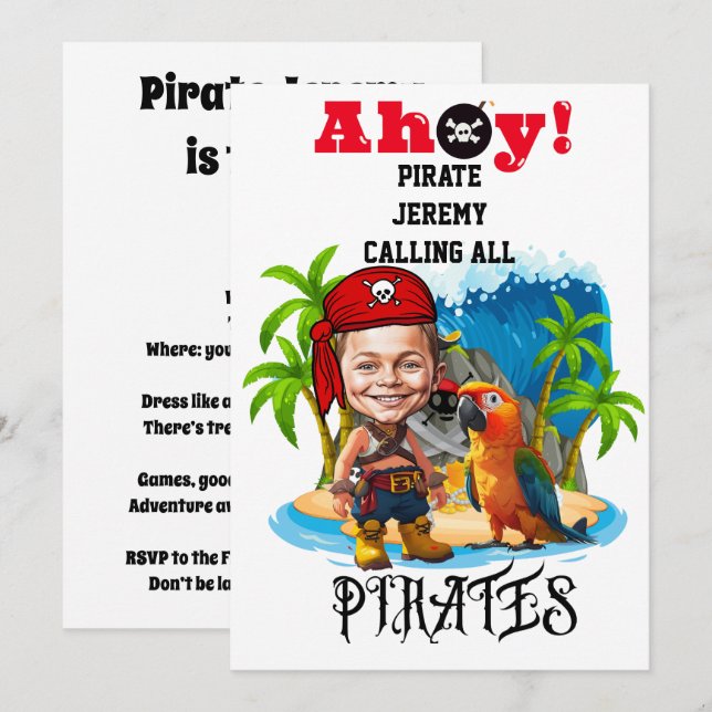 Invitation Caricature mignonne pour enfants pirate sur l'île  (Devant / Derrière)