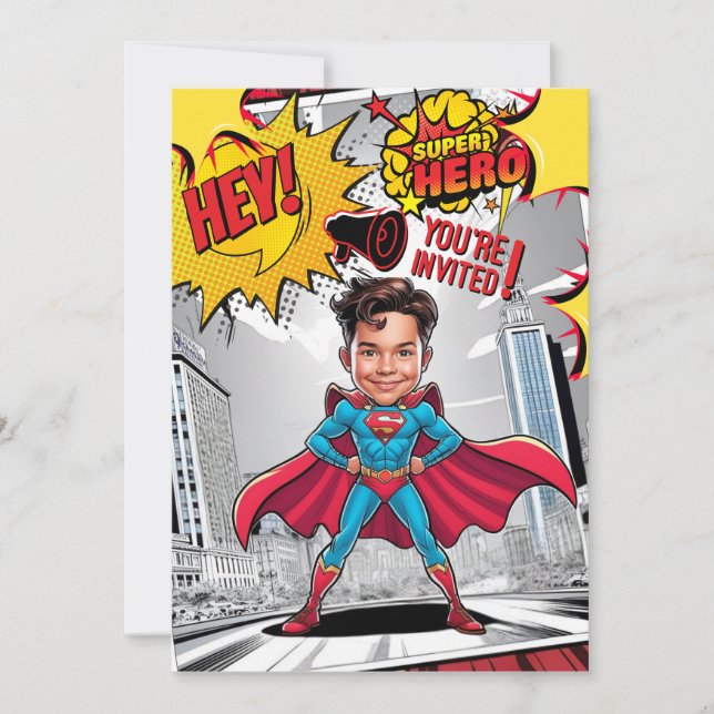Invitation Caricature Personnalisée de Superhero Jaune et Rou (Devant)