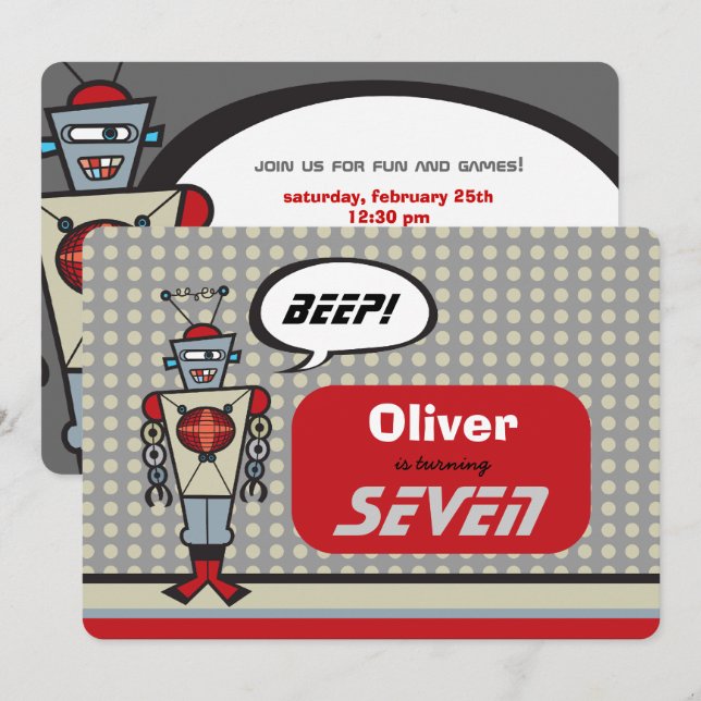 Invitation Caricature Rétro Robot Cute Kids Boy Anniversaire (Devant / Derrière)