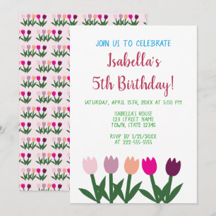 Invitation Caricature rose et mauve sur les tulipes 5e annive