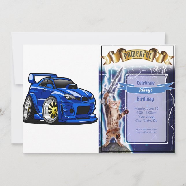 Invitation Caricature sur la vitesse de voiture de muscle ble (Devant)