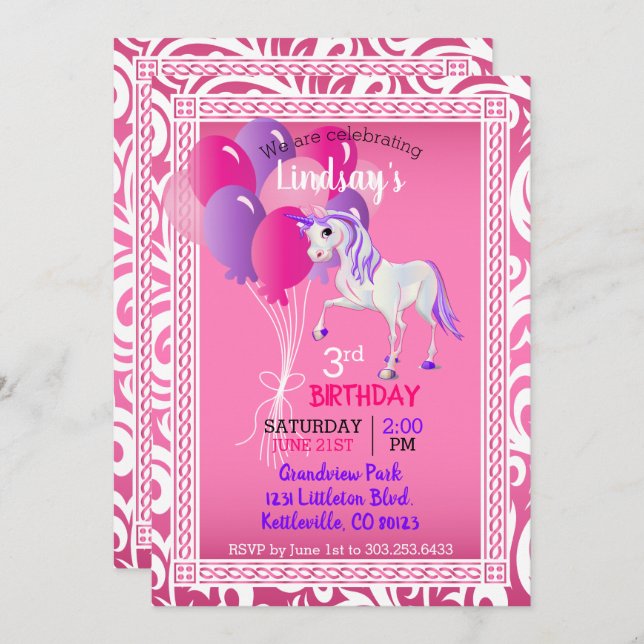 Invitation Caricature Unicorn Anniversaire (Devant / Derrière)