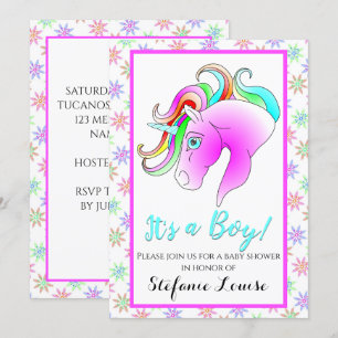 Invitation Caricature Unicorn Arc en ciel C'est un garçon !