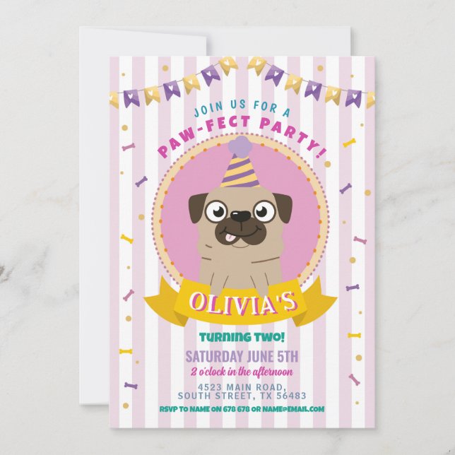 Invitation Carlin Anniversaire Doggy Party Chien Confetti (Devant)