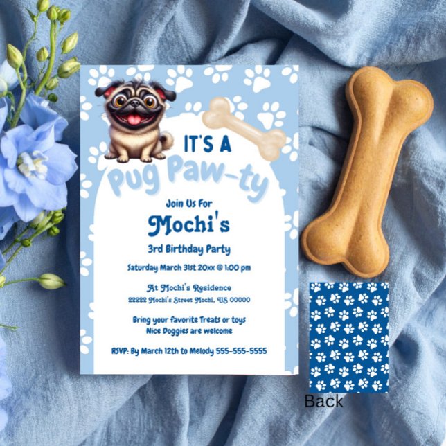 Invitation Carlin Bleu mignon Doggie Anniversaire Paw ty (Créateur téléchargé)
